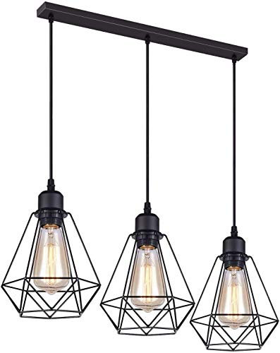 LEDSone Moderne Retro-Deckenleuchte, 3-Wege-Deckenleuchte, Cluster mit Diamanten-Käfig, schwarz, E27-Beleuchtungs-Set mit 50 cm Deckenplatte (3 Köpfe)