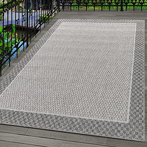 Carpetsale24 In- & Outdoor Teppich Läufer 80x150 cm, Wetterfest & Robust, Modernes Bordüren-Design in Grau & Creme, Rechteckig für Terrasse, Balkon, Küche, Bad & Wohnzimmer