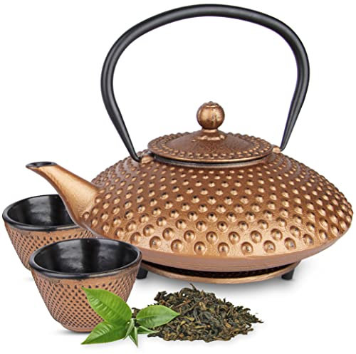 Tealøv TEEKANNE GUSSEISEN SET 1,25 LITER IN GESCHENKBOX | Komplettes Teeservice aus Gusseisen | Gusseiserne Teekanne mit Siebeinsatz, Teetassen & Untersetzer | Teeset im Japanischen Stil | Kupfer