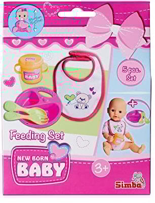 Simba 105560016 - New Born Baby Fütter Set, Puppenzubehör, für 30-43cm Puppen, 5 Teile, Teller, Löffel, Gabel, Lätzchen und Trinklernbecher, ab 3 Jahren