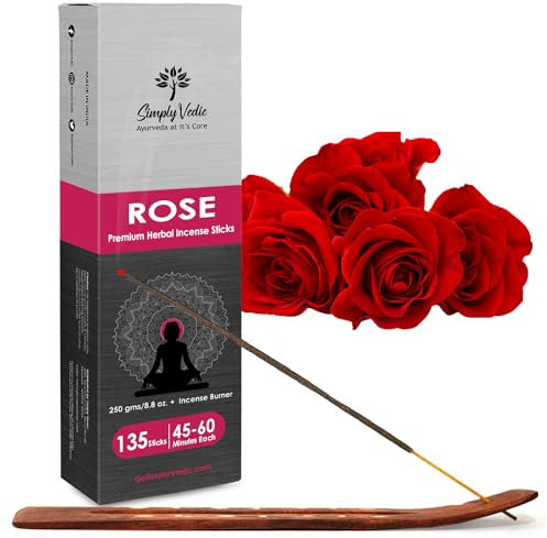 Simply Vedic Rose Räucherstäbchen 250 Gramm (ca. 135 Premium-Räucherstäbchen + Räucherstäbchenhalter) | Dauert 60 Minuten, ideal für Meditation, Yoga, spirituelle Heilung, Gebete, Aromatherapie