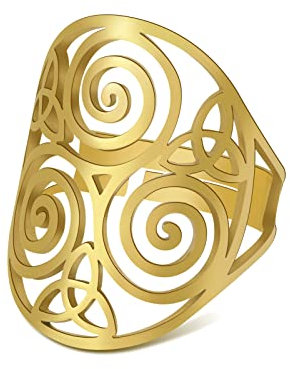 TEAMER Resizable Triskele Ring Edelstahl Heilige Geometrie Magisches Hexagramm Talisman Amulett Schmuck Für Frauen Mädchen (Triskele - Stil 2 - Gold)