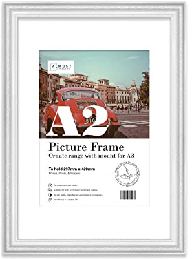 Almost Frameless A2 White Ornate Picture Frame With White Mount for A3 (29.7 x 42cm - 11.7 x 16.5in) Poster, Photo, Artwork, or Print. Baroque Style Portrait and Landscape Display with Wall Hooks