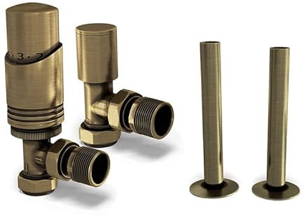 UK Radiators Antique Brass Radiator Valves 15mm Angled Lockshield Valve with Brushed Finish - Classy and Modern Design 1/2 x 15mm Angled Radiator Valves - with Brushed Brass 130mm Pipe Covers