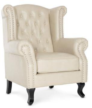 Fireside Armchair in Cream Beige Faux Leather – Elegant Wingback Design with Queen Anne Legs, High Back Wing Chair for Living Room or Bedroom, Stylish Winged Accent Chair and Snuggle Seat