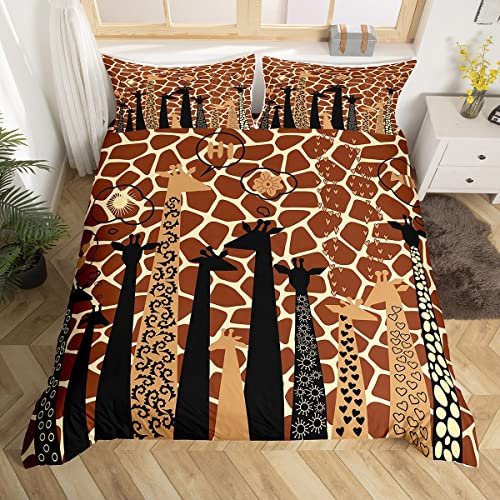 feelingyou Nette Giraffe Silhouette Bettbezug S Größe, Karikatur Afrika Wilde Tiere Hautdruck Tröster Cover Set für Kinder Jungen Mädchen, Kawaii Blumen Herz Geometrische Bettwäsche Quilt Cover Set