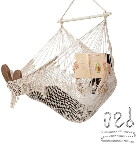 Jelofly Hängesessel zum Aufhängen, weich gesponnenes Baumwollseil, max. 150 kg, langlebig, bequem, Schaukelstuhl für Schlafzimmer, drinnen und draußen, Terrasse, Veranda, Garten, Hof, Beige (Größe M)