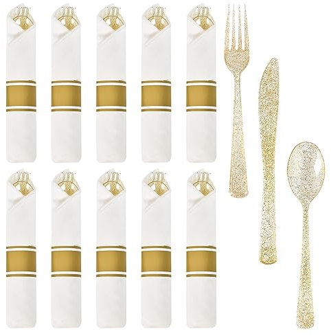 Lot de 10 Couverts en Plastique Doré - Cuillères, Fourchettes et Couteaux Réutilisables