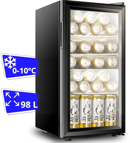 Mini frigorífico de 35 hasta 98 litros (temperatura de 0-10ºC). Nevera con puerta de cristal de bajo consumo. Mini nevera pequeña para habitación con puerta expositora. Frigoríficos pequeños (98L)