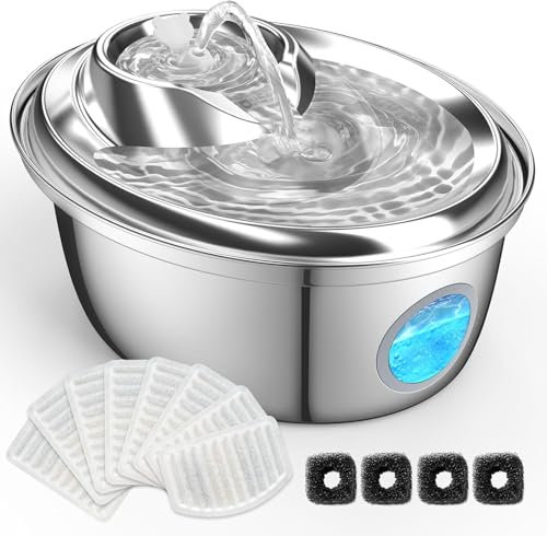 GoldenSun Fuente para gatos, acero inoxidable, fuente de agua automática para gatos, 3 L, 12 filtros de carbón activo, fuente para gatos con indicador de nivel de agua (D66)