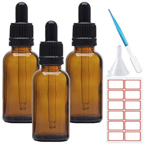 ToKinCen 3PCS Amber Pipette Dropper Bottle 30ml,with Glass Eye Dropper Pipettes Dropper Bottles for Storage Essential Oils,Perfumes,Aromatherapy,Pigmentation,Reusable