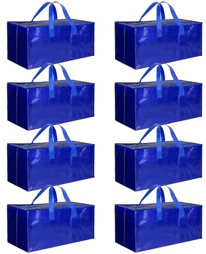 HealSmart 8 Pack Extra Large Moving Bags with Zippers & Carrying Handles, Heavy-Duty Storage Tote Moving Boxes for Dorm Room Essentials Storage Bags, Blue
