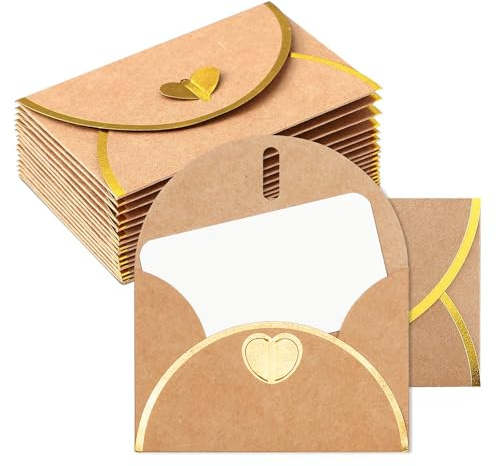 LunarCharm 15 Goldprägter Rand Kraftpapier Umschläge mit 15 Blanko Papier Karten, Mini Briefumschläge mit Herz Verschluss für Geschenkkarten DIY Graffiti kraftpapier karten