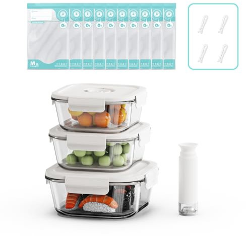 Domsanistor Vacuum Seal Glass Food Storage Containers with Sous Vide Bags, Meal Prep Container with Airtight Locking Lids for Lunch, BPA Free, Leak Proof, Long-Lasting Freshness-Square Set