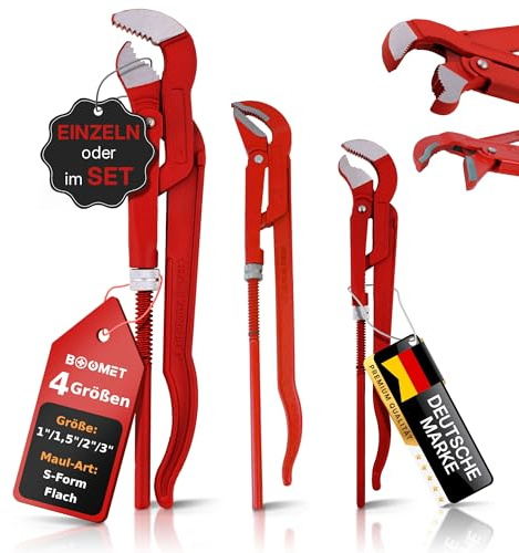 BOOMET Rohrzange S-Maul 1,5 Zoll · Eckrohrzange Länge 42cm · Set und Einzeln · 45 Grad abgewinkelte Wasserpumpenzange · Zangenschlüssel Wasserrohrzange Armaturenzange gross