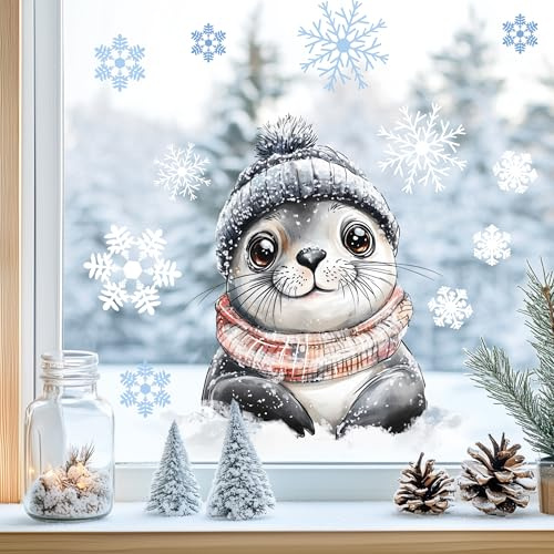 Fensterbild Fensteraufkleber Robbe Winter Fensterdeko | Fensterdeko Glasdeko für Fenster Glasflächen Kinderzimmer Wohnzimmer Küche Bad statisch haftend wiederverwendbar Saison Deko