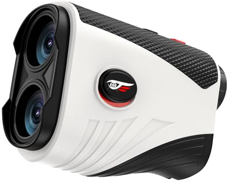 Telemetro laser da golf con pendenza, ingrandimento 7x, impermeabile IP54, batteria ricaricabile, con striscia magnetica, 1000 m, con blocco per palo (bianco perlato)