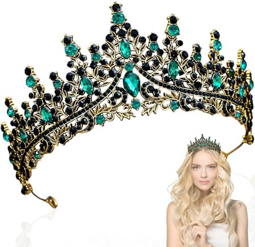 dcas Tiara Kristallkrone, Hochzeit Juwel Tiara Krone, Vintage Grüne Strass Krone Damen, Barocke Tiara Kristallkrone für Bridal, Queen Tiara Krone Kristall, Vintage Gold Runde Krone (Uraltes Goldgrün)