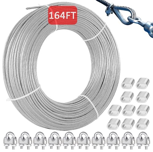 2mm 50m Stainless Steel Garden Wire Rope for Climbing Plants, PVC Coated 304 Steel Cable with 10 Wire Rope Clamps, Durable Steel Cable for Fence, Plant Support, String Lights, and Hanging Lights