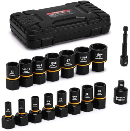 CASOMAN 17-Piece 3/8 Drive Impact Bolt and Nut Extractor Socket Set for Removing Damaged Rusted Broken Rounded Fasteners off with a Storage Case, SAE & Metric, 1/4-3/4, 7mm-19mm, CR-MO