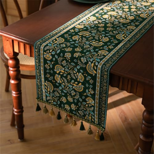 Highdi Tischläufer Modern Tischdekoration, Mode Nordisch Lang Tischläufer mit Handgefertigten Quasten für Esszimmer, Küche, Wohnzimmer, Urlaub, Esstischdekoration (35x300cm,grüner Zweig)