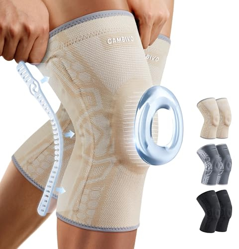 CAMBIVO 2-Pack Knee Support Men with Thickened Patella Gel Pad and Side Stabilizers Knee Brace for Women Arthritis Knee Compression Sleeve for Knee Pain Relief, Running, Workout, Daily Use (Beige, L)