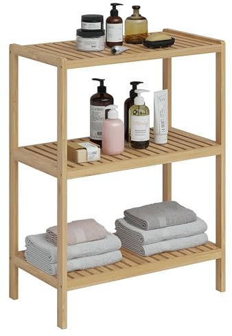 Bellamio Badregal Newa mit 3 Ablagen, Badezimmerschrank, Badezimmermöbel aus Bambus lackiert, Standregal Bambus Regal Maße 80x60x33 cm