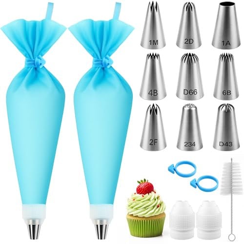 Zouboto Piping Bags and Nozzles Set,16 Pcs Cake Piping Kit with 2 Reusable Piping Bags Icing Bag with Cleaning Brush,9 Stainless Steel Cake Piping Nozzles Tips Kits,2 Coupler,2 Bag Ties