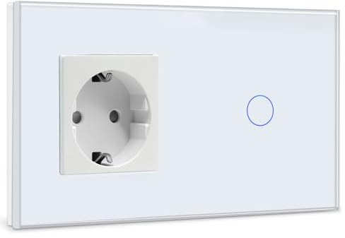 BSEED Steckdose mit Lichtschalter,Glas Touch Lichtschalter Unterputz Schalter,Schuko Steckdose mit 1 Fach 1 Wege Wandschalter Weiß(Nicht Smart Schalter)