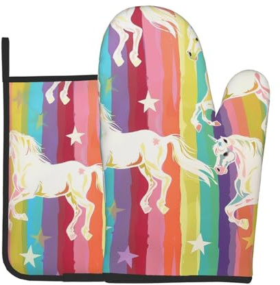 Lot de 2 maniques et maniques imprimées licornes sur rayures colorées – Résistants à la chaleur et imperméables pour barbecue