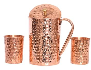 Khushboo Enterprise Pure Copper Hammered Water Jug 2 Litre with 2 Glasses, Copper Pitcher for Drinking Water with Ayurveda Health Benefit and Storage