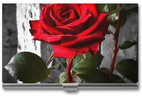 NWTRK Porte-cartes de visite fin et portable en métal avec rose rouge pour homme et femme