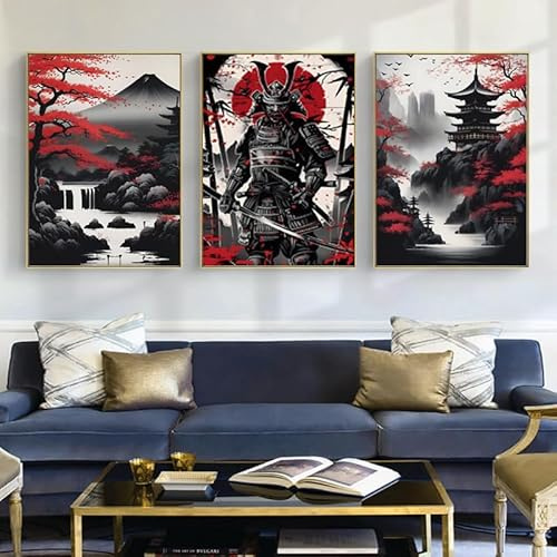 IUNTWEIE Japanische Landschaftsposter,Japanischer Tempel im Herbst Schwarz/Weiß Wandbild Kunstdruck Wanddeko Wand Wohnzimmer Wanddekoration,ohne Rahmen (D, 30x40cm*3)