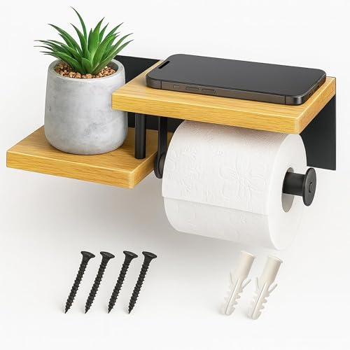 Orchelle® Porte Papier Toilette Mural en Bois de Bambou | Noir | Dérouleur Papier Toilette avec Étagère | Fixation par Perçage très Stable | Support WC Salle de Bain