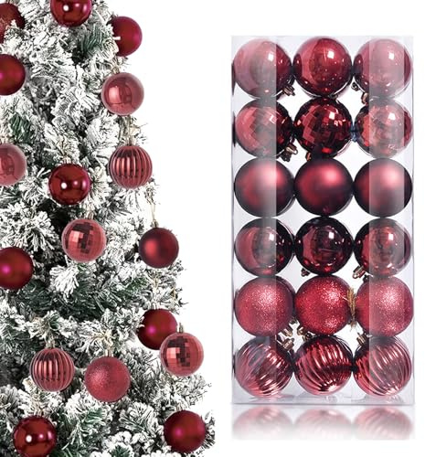 KASESSS 36 Stück Weihnachtskugeln, 3cm Christbaumkugeln, Weihnachten Deko, Christbaumschmuck mit Aufhängeschlaufen, Bruchsicher Weihnachtskugeln Rot für Weihnachtsdeko Innen Aussen, Burgunderrot