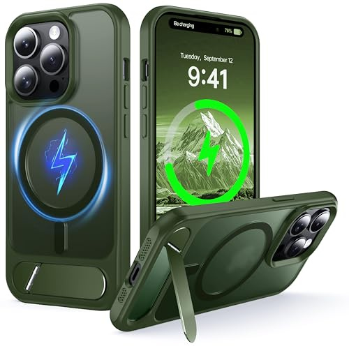 NJROW Magnetic Stand for iPhone 15 Pro Max Case Compatible with MagSafe | [Stand & Wireless Charging 2in1] [Flush Hidden Kickstand] [Military Shockproof] Slim Translucent Matte, Green