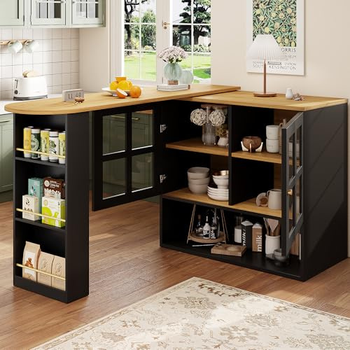 Merax 360° drehbarer Bartisch mit Stauraum Schwarz, Ausziehbarer Hochtisch Kücheninsel, Moderner Essbar Bistrotisch Sideboard mit Regalen & Glas, Beweglicher Schrank 138-204×39×102,5 cm