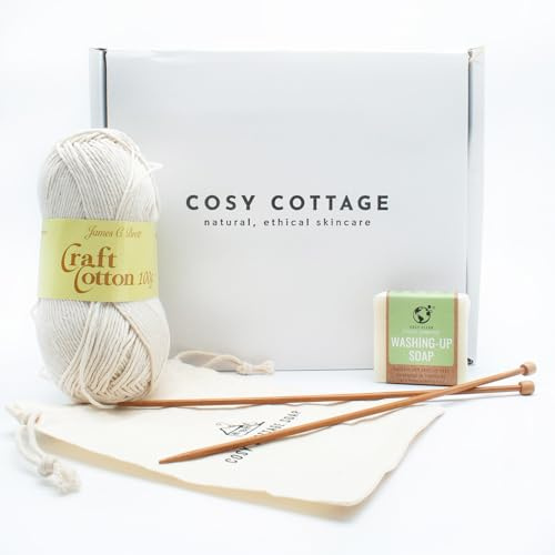 Cosy Cottage Knit Your Own Dishcloths Gift Set | DIY Cotton Dishcloth Knitting Kit | Bamboo Needles, Instruction Sheet, Washing Up Soap, Drawstring Bag | Handmade Kitchen Cleaning Gift for Hobbyists