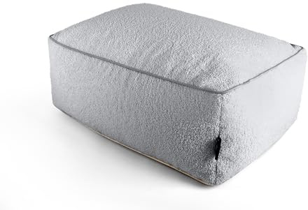 Littens Grey Silver Teddy Boucle Rectangle Footstool Ottoman Bean Bag Pouffe, Living Room Decorative Low Seat Piped (65cm x 45cm x 25cm)