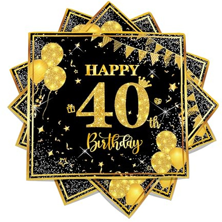 Black Gold 40th Birthday Paper Napkins – 20 PCS Disposable Paper Napkins for Men & Women, Birthday Table Decorations for 40th Birthday Party (Birthday 40)