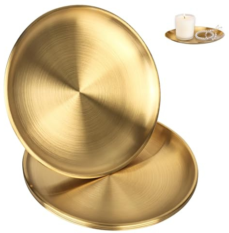2 Stück 23cm Tablett Rund, Dekoteller, Goldenes Tablett, Platzteller Gold | Für Zuhause, Küche, Camping, Esszimmer