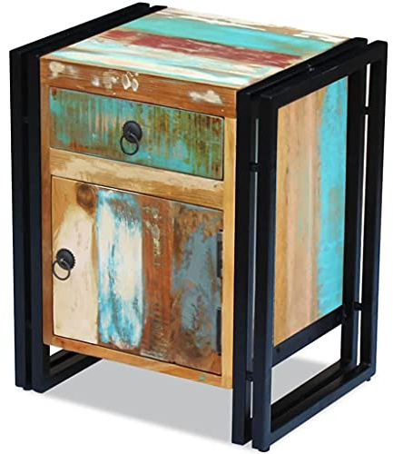 QJBSAVVA Nachttisch Altholz 43x33x51 cm, Vintage Sideboard mit Stahlrahmen, Schublade & Tür, recyceltes Massivholz, handgemacht, Kleiner Beistellschrank für Schlafzimmer und Wohnzimmer