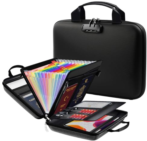 Ecofocet Boîte à Documents Ignifuge avec Serrure, Organisateur de Documents A4 Rigide 13 Compartiments, Porte-Documents pour Documents Importants, Certificats et Passeports, Noir