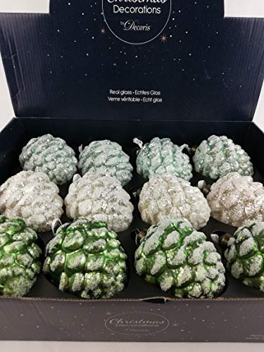 Florissima 12 Edle Zapfen Pinienzapfen Grün Creme mit Frost Weihnachtsschmuck Weihnachtsdeko Hänger Weihnachten Dekoration Advent Wald Herbst Christbaumschmuck Tannenbaumschmuck