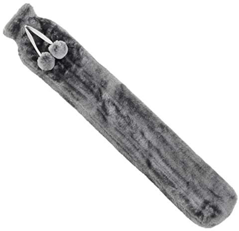 Country Club 72cm Extra Long Length Hot Water Bottles Slim Design for Thermotherapy Muscle Ache Tension Relief Backache Neck Strain Shoulder Pain Charcoal Grey Faux Fur Cover with Pom Poms