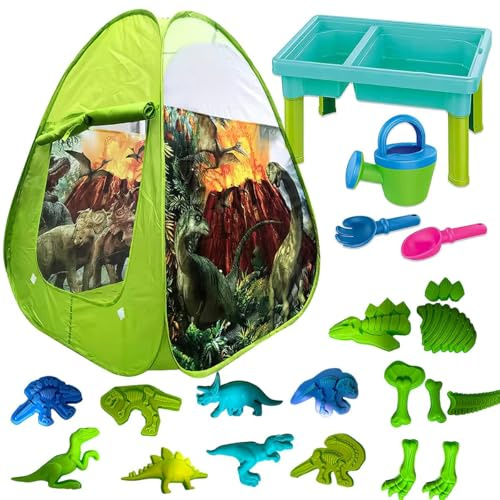 koolbitz Kids Gardening Foldable Dinosaur Themed Play Tent With Tools Sand Beach Play Set Molds, Watering Can, Activity Table Ideal for Indoor and Outdoor Fun, Creative Play for Kids