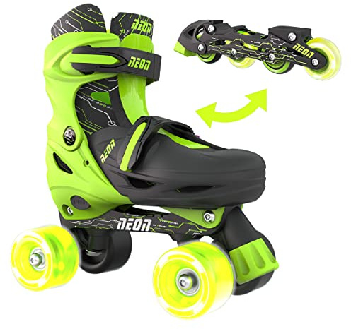Yvolution Neon Combo Skates | 2-1 Quad and Inline Skates for Kids with LED Wheels | Adjustable Sizing (Green, 3 to 6)