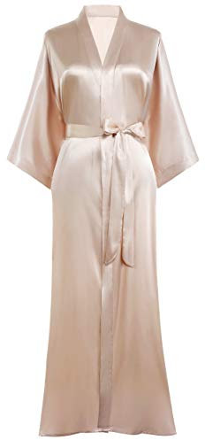 PRODESIGN Kimono Robe de Chambre Longue en Satin pour femme Peignoir Femme Satin Couleur Unie - Taille Unique (Champagne)