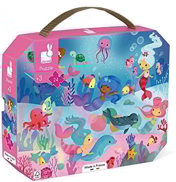 Janod - Puzzle für Kinder Meerjungfrauen, 24 Teile - Lernspiel - Feinmotorik und Konzentration - Koffer mit Griff - hergestellt in Frankreich - FSC-zertifiziert - Ab 3 Jahren, J02613