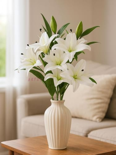 ARTSY® Artificial Flower for Home Decoration Lily Flower Bunch Long Size Stick Stem 3 Big Lily Flower Heads, 1 Piece,White